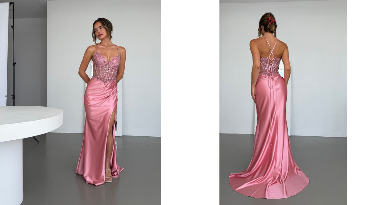 Model in a pink satin gown, posing from front and back angles.