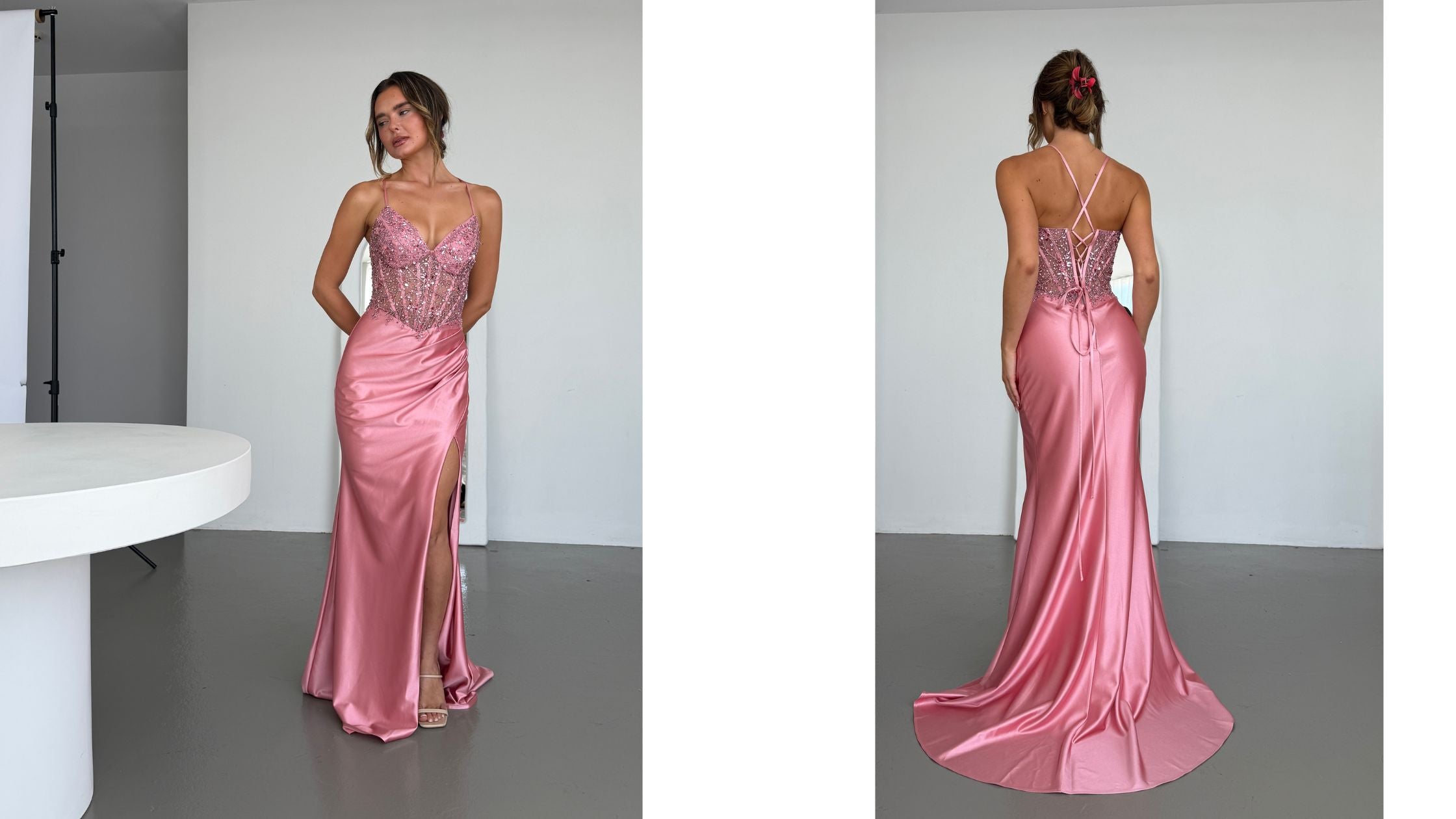 Model in a pink satin gown, posing from front and back angles.