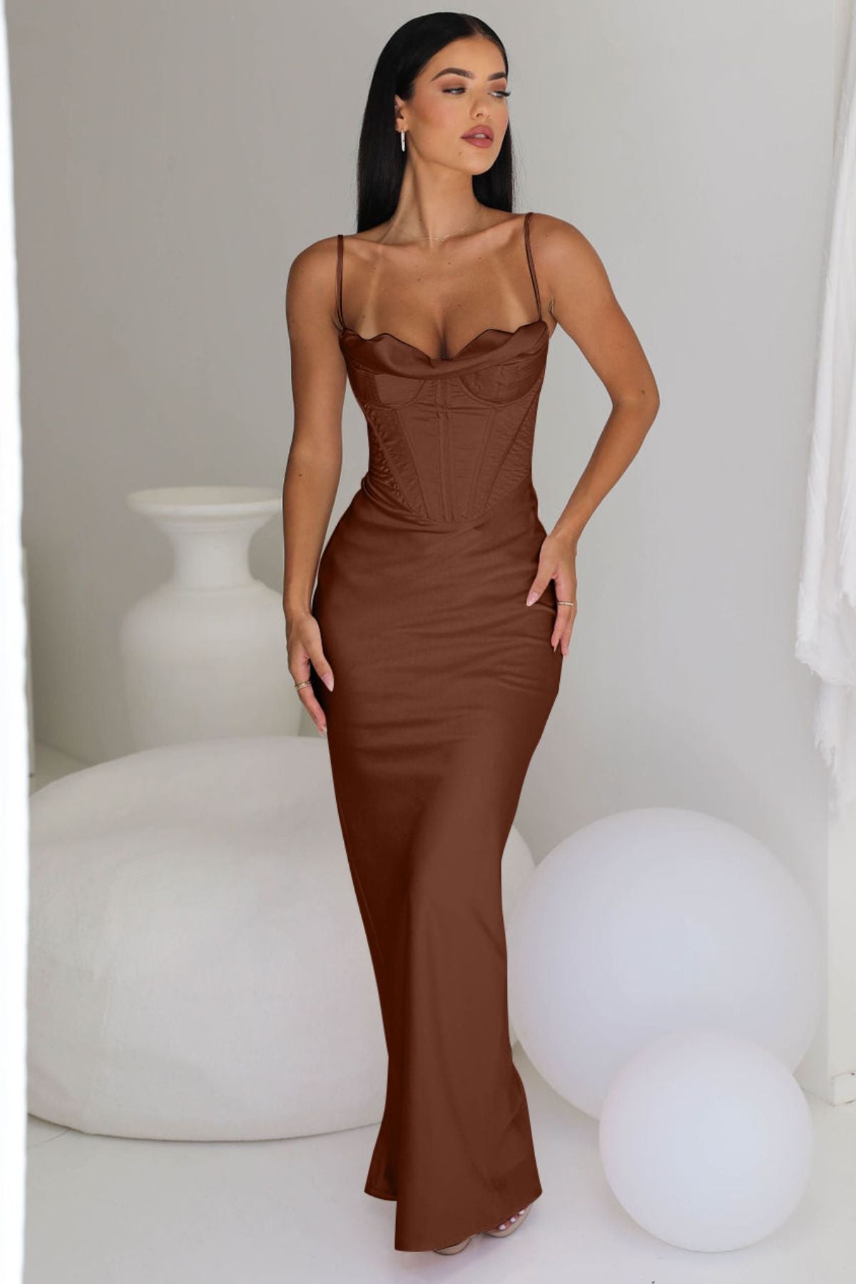 HOUSE OF CB Charmaine Corset Gown (Chocolate) - RRP $389