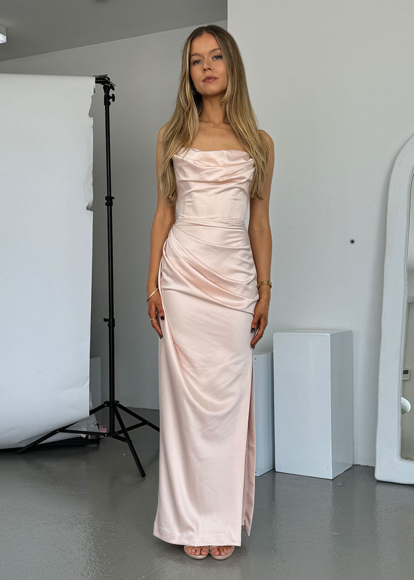 Adrienne Satin Strapless Gown in Champagne