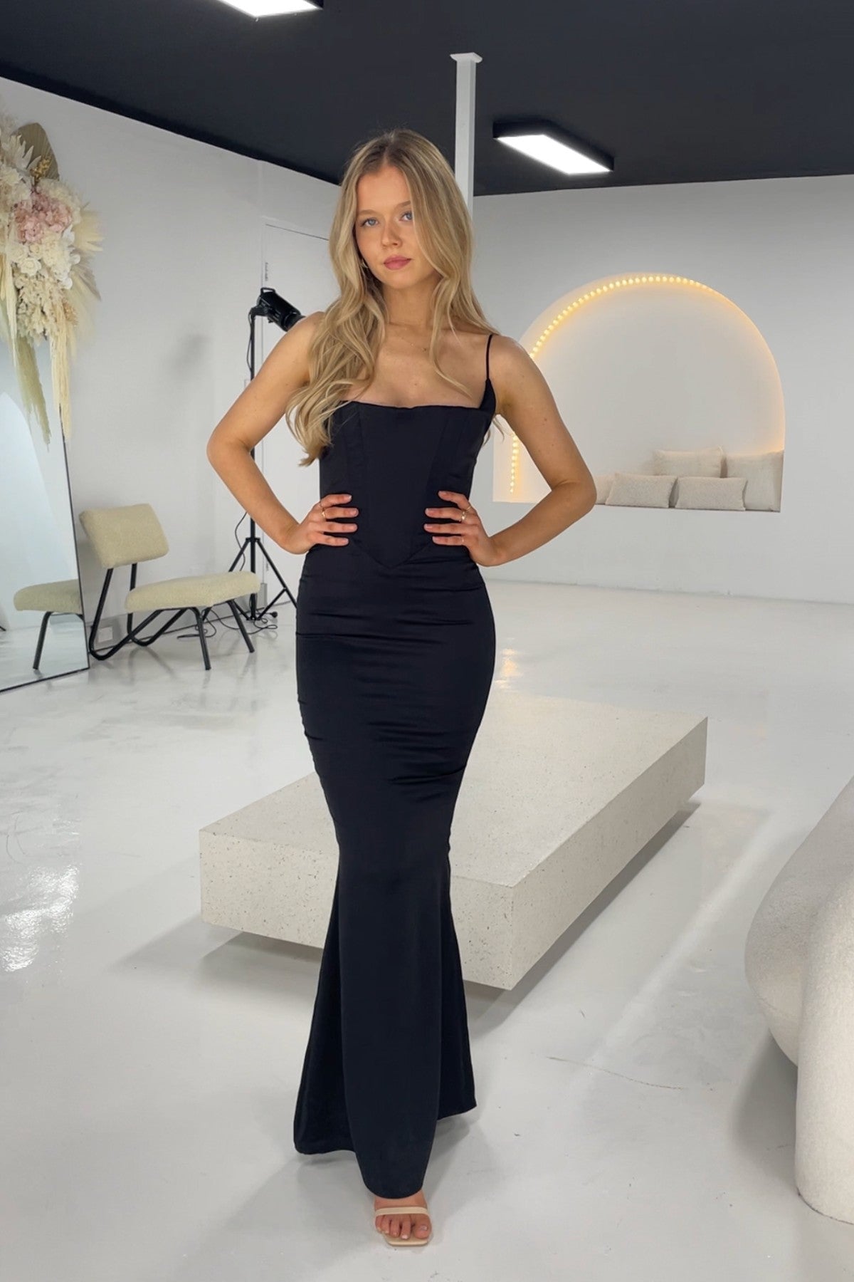 HOUSE OF CB Olivette Satin Corset Maxi (Black),Dress for a Night