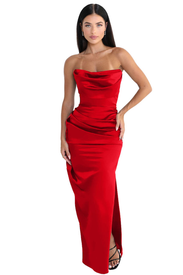 HOUSE OF CB Adrienne Scarlet Satin Gown (Red),Dress for a Night