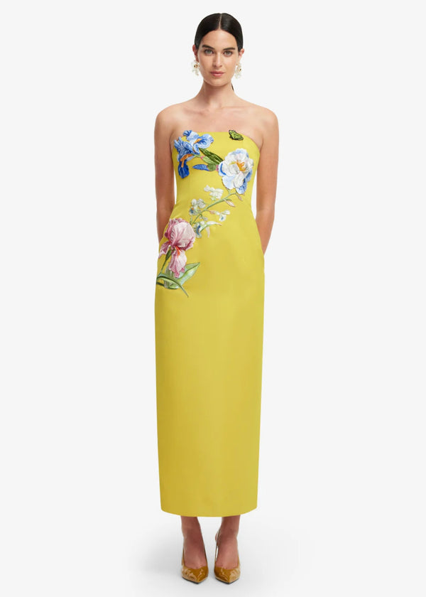 Rayna Applique Floral Bustier Maxi Dress in Mustard