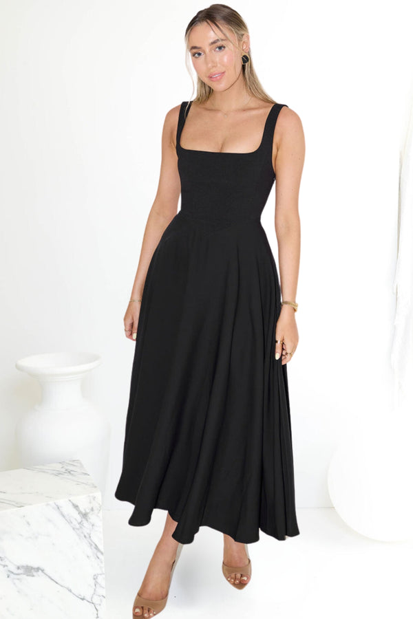 Odd Muse Ultimate Muse High Waist Square Neck Midi Dress (Black),Dress for a Night