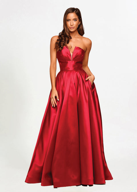 strapless open back dress Elegant red Sipoly dress with pleats and V-neck main image 1
