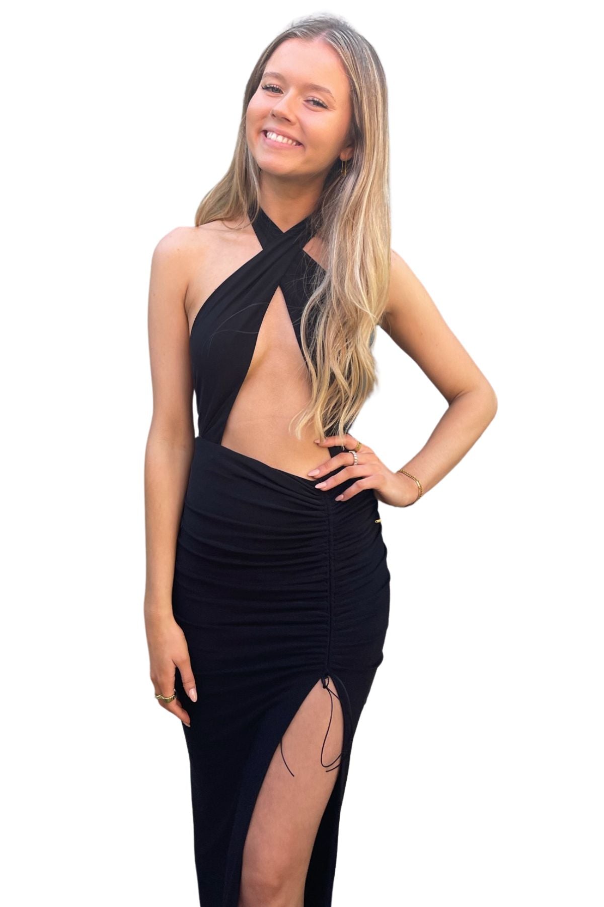 Short Black Dress with High Neck and Side tail – ALBINA DYLA