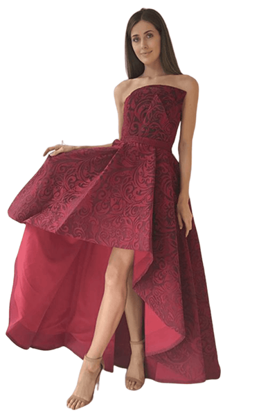 Classic Wine Red Cloudy Frilled Gown With Handcrafted Beaded Waistline |  The Little Factory