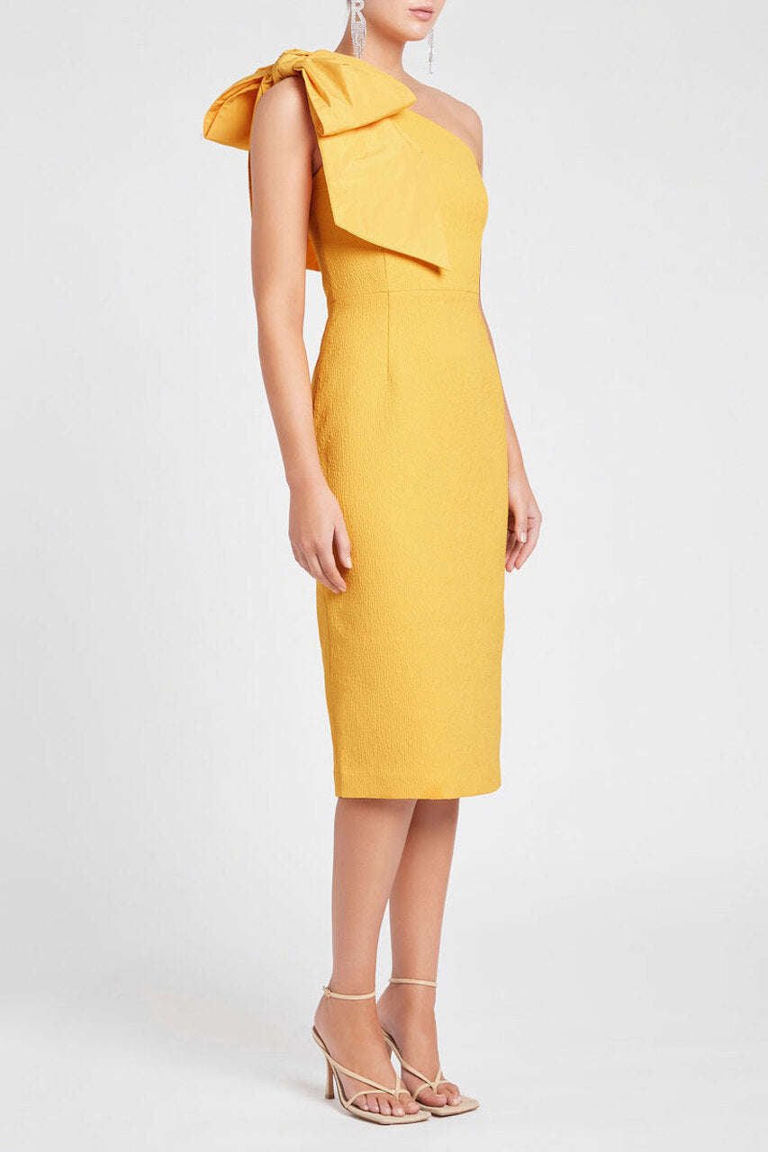 REBECCA VALLANCE Calla One Shoulder Dress Midi (Yellow) - Rent this dress!