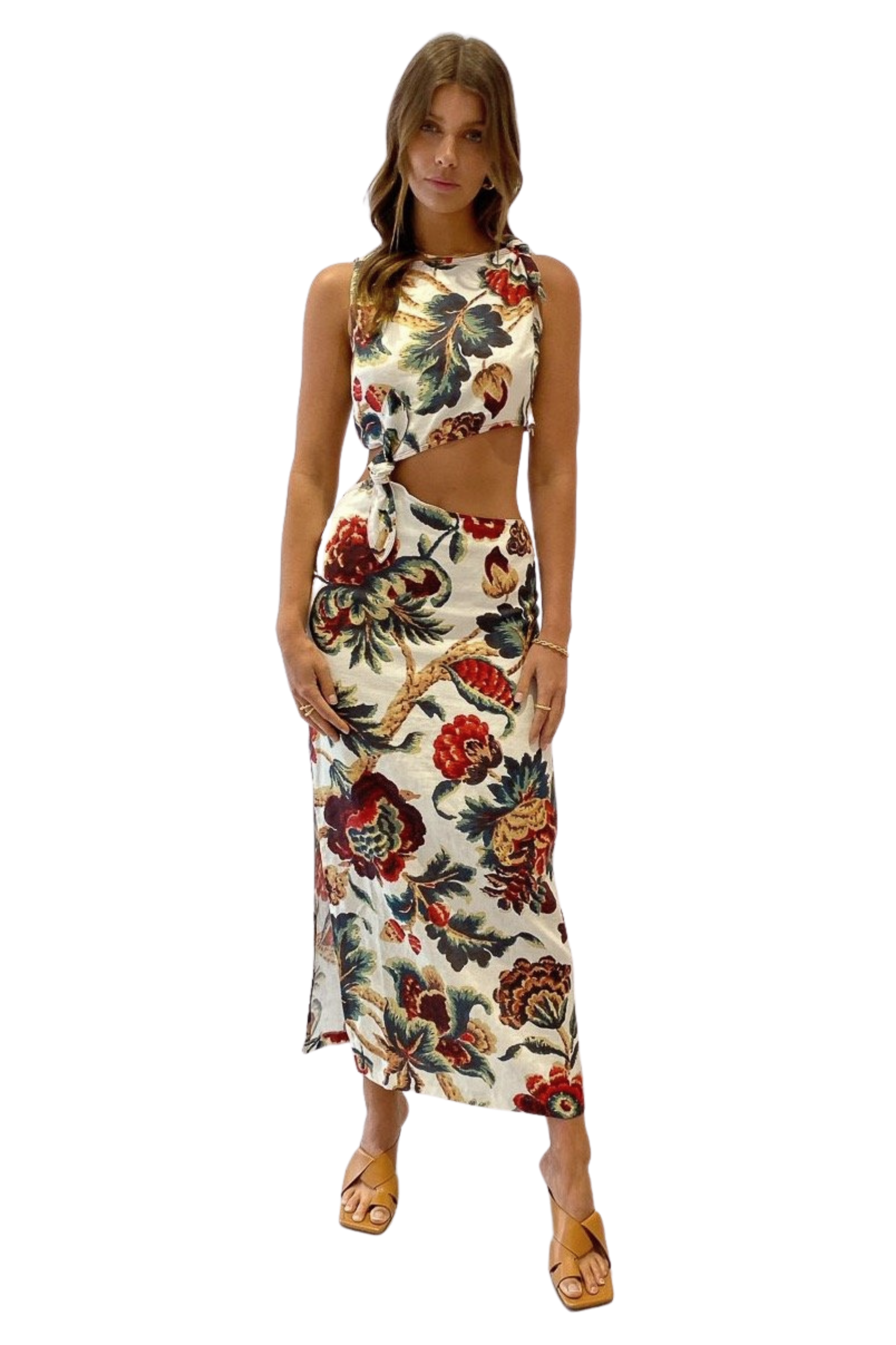 Floral print knotted 2025 cutout back maxi dress
